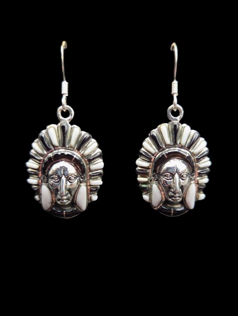 Sterling Silver Native-Style Chief Head Earrings, Onyx & Howlite